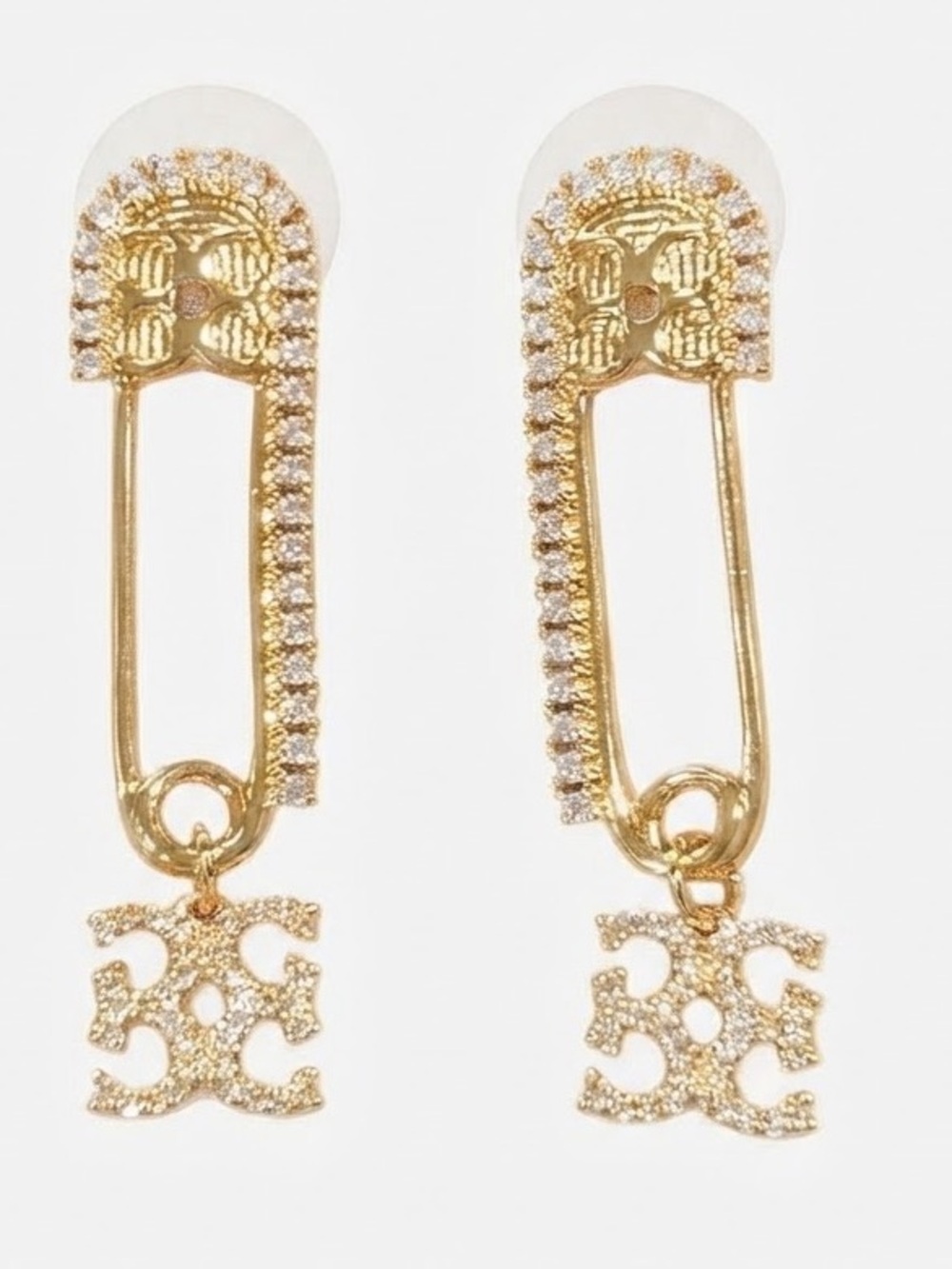 Gold Tine Pave Safety Pin Charm Drop Earrings